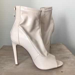 Cream, patent leather,  peekaboo toe ankle boots